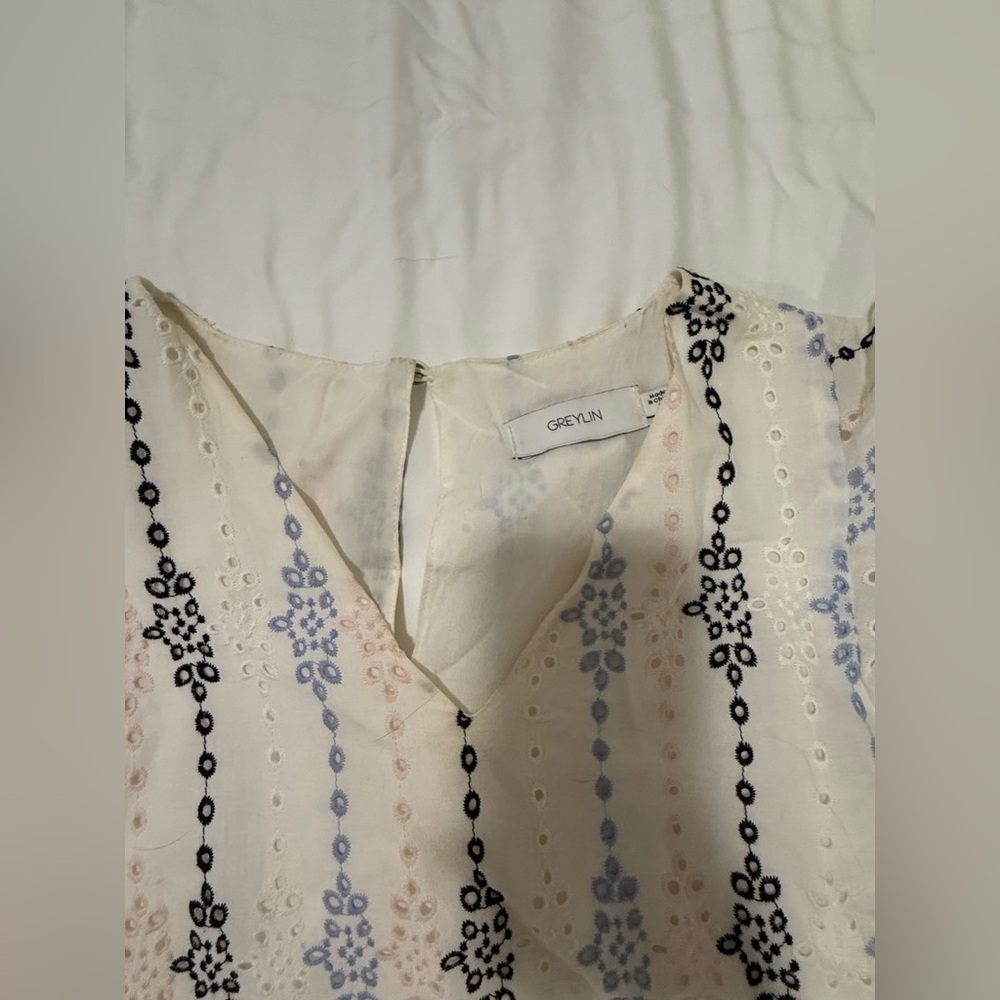 Greylin Ivory dress with Navy and Sky Accents
